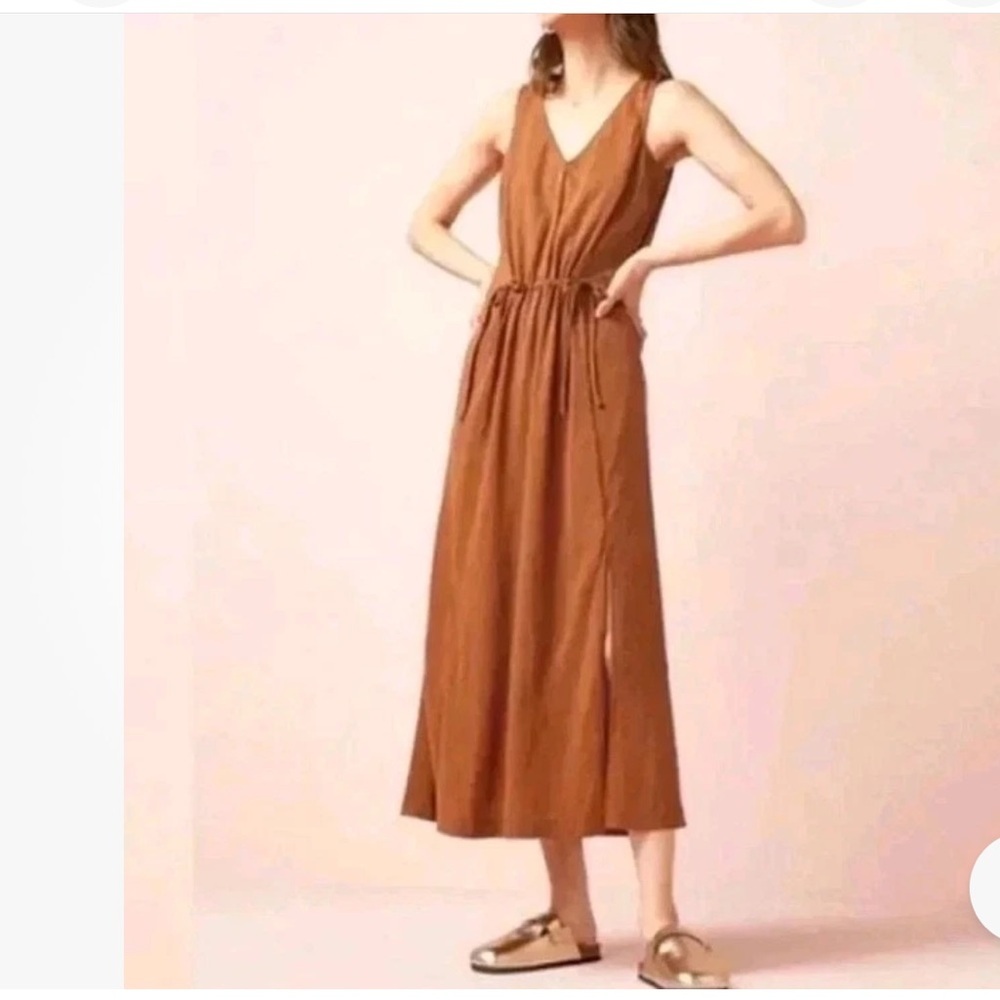 Athleta bronze brown echo midi dress sleeveless side pockets size L athletic,